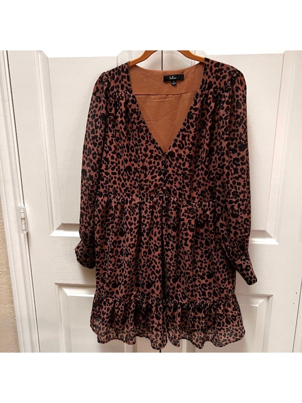Lulus Small Leopard Print Tiered Romantic Coquette Baby Doll Dress Long Sleeve